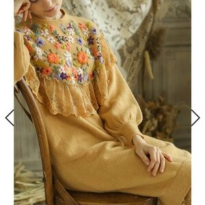 jolly vintage Floral Embroidered Mustard Dress with Lace Details